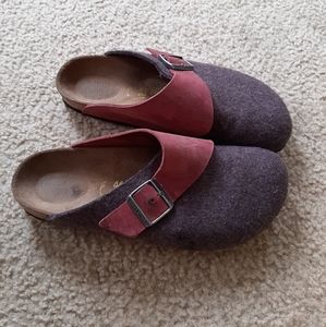 Purple/pink wool buckle birkenstock slip ons